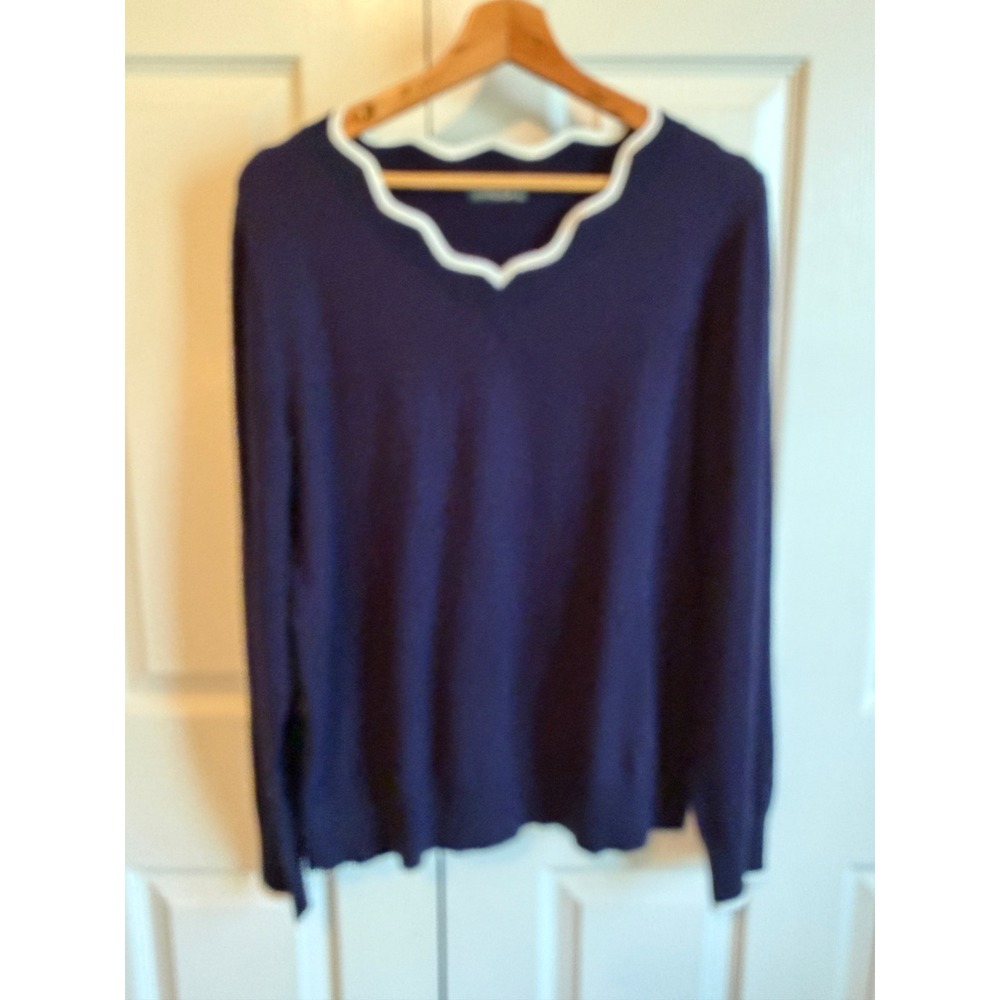Ofeefan Navy Blue Scalloped V-Neck Long Sleeve Sweater XL Pullover Preppy
